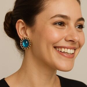 Vintage Oval Teal Green Cabochon Earrings Gold Chain Frame Post 1.25” Retro